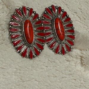 Striking Silver and Red Earrings with Oval Stones and Intricate Design